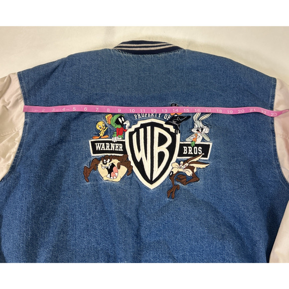 Vintage 90s WARNER BROS@LOONY TUNES Denim Varsity insulated Bomber Jacket Medium - Picture 13 of 13